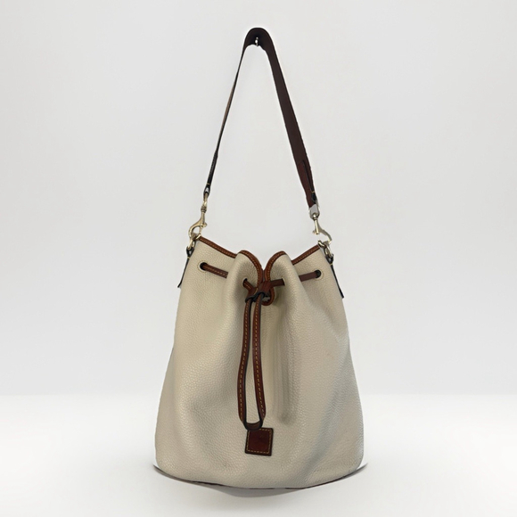 Dooney & Bourke Handbags - DOONEY & BOURKE Cream Pebbled Leather Small Drawstring Bucket Bag Shoulder Bag